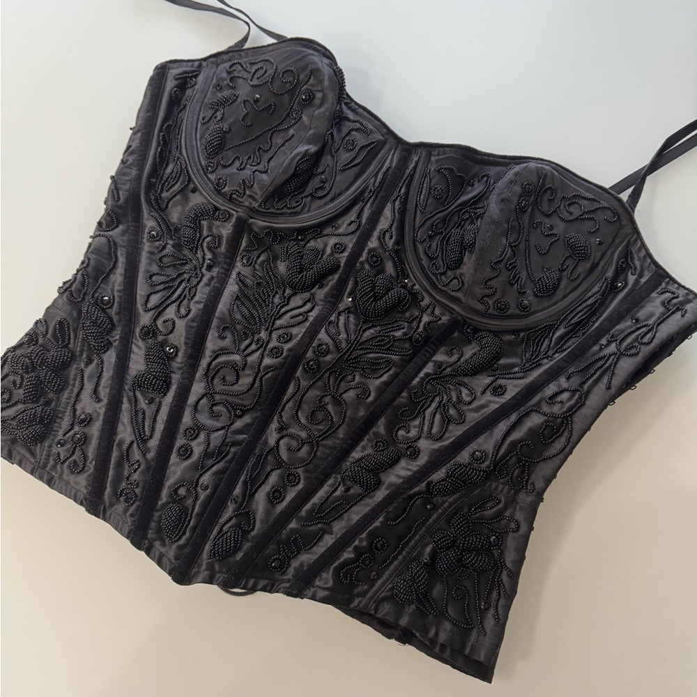 Vintage 2001 Victoria’s Secret Black Silk Beaded Corset Top – Size L - Picture 2 of 16